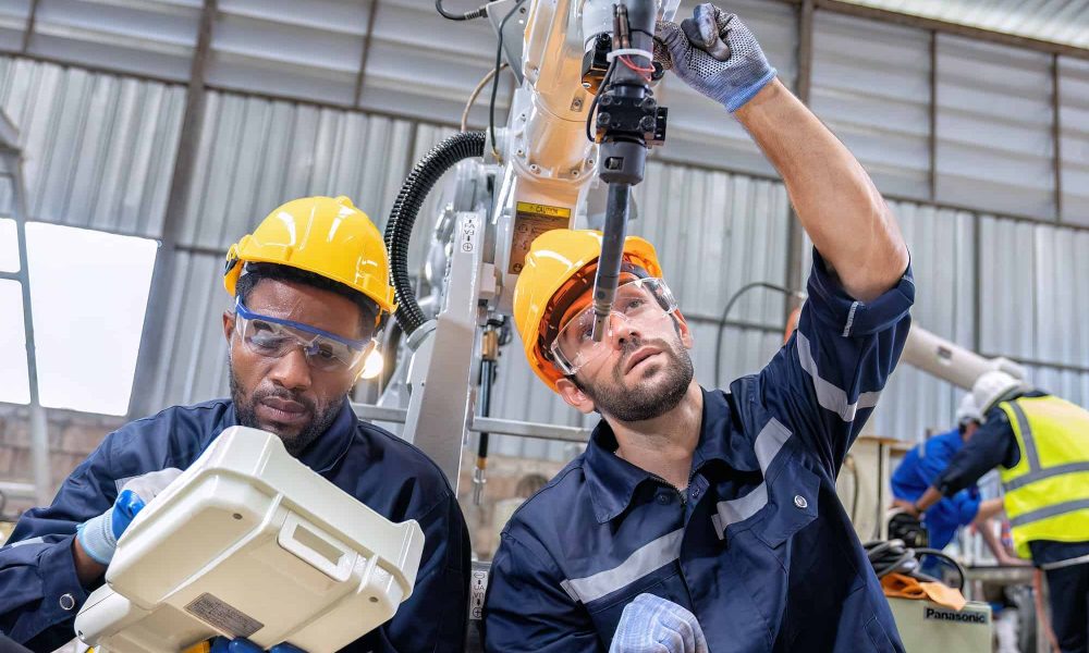 Maintenance engineer repair and programing robotic arm in factory Industry robot service shop